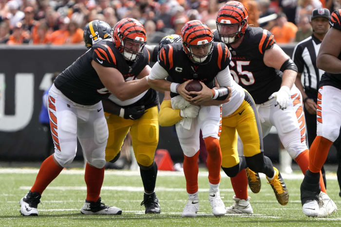 Sep 11, 2022; Cincinnati, Ohio, USA; Cincinnati Bengals quarterback Joe Burrow (9) is sacked by Pittsburgh Steelers linebacker T.J. Watt (90) during the third quarter of a Week 1 NFL football game at Paycor Stadium. Mandatory Credit: Cara Owsley-USA TODAY Sports